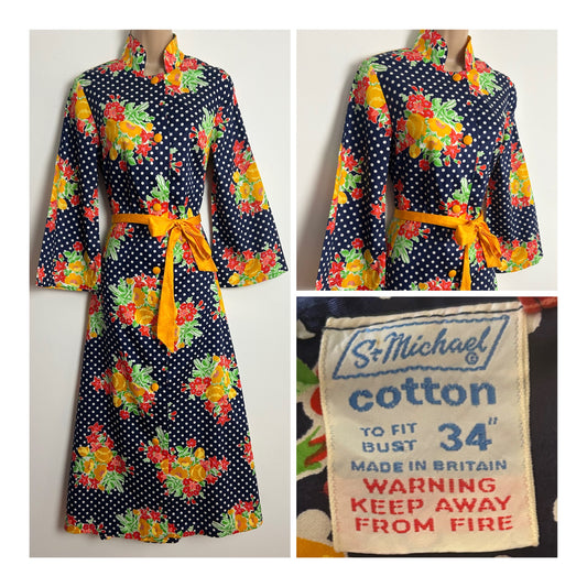 Vintage Early 1970s ST MICHAEL Size 8 Navy Blue Orange & White Floral & Polka Dot Print Belted Hostess Gown Midi Dress