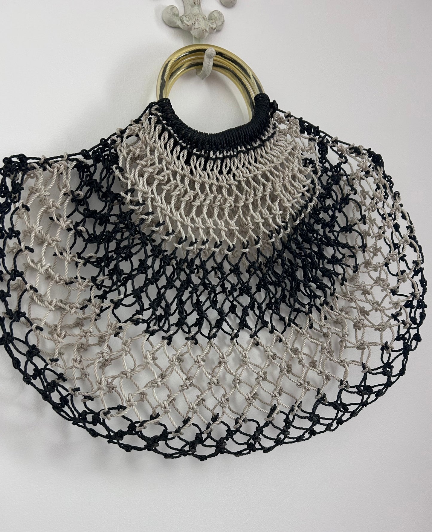 Vintage Late 1950s Black & White Plastic String Woven Macrame Style Plastic Handled Shopping Bag