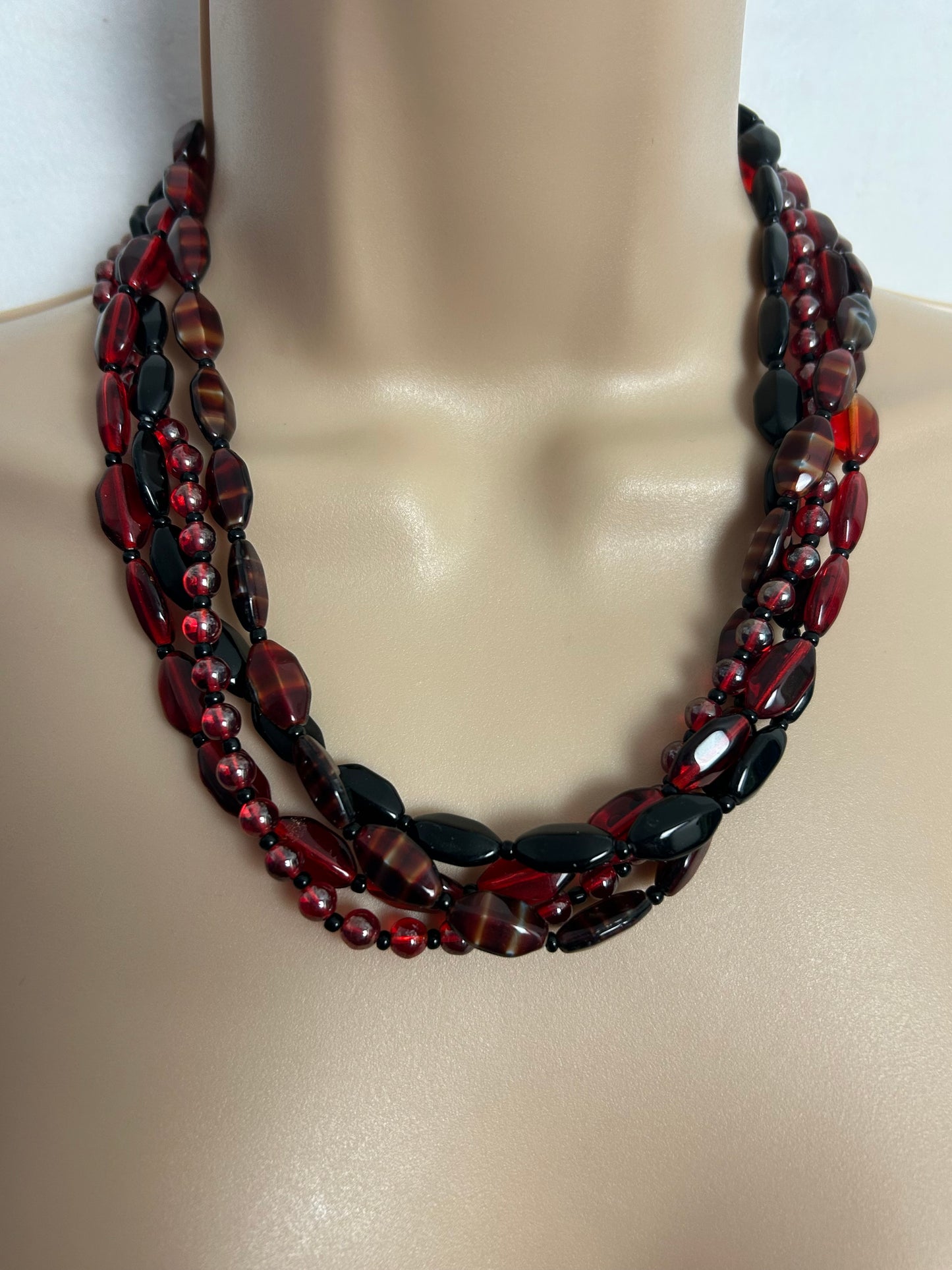 Vintage 1960s Dark Red & Black Glass Multistrand Necklace