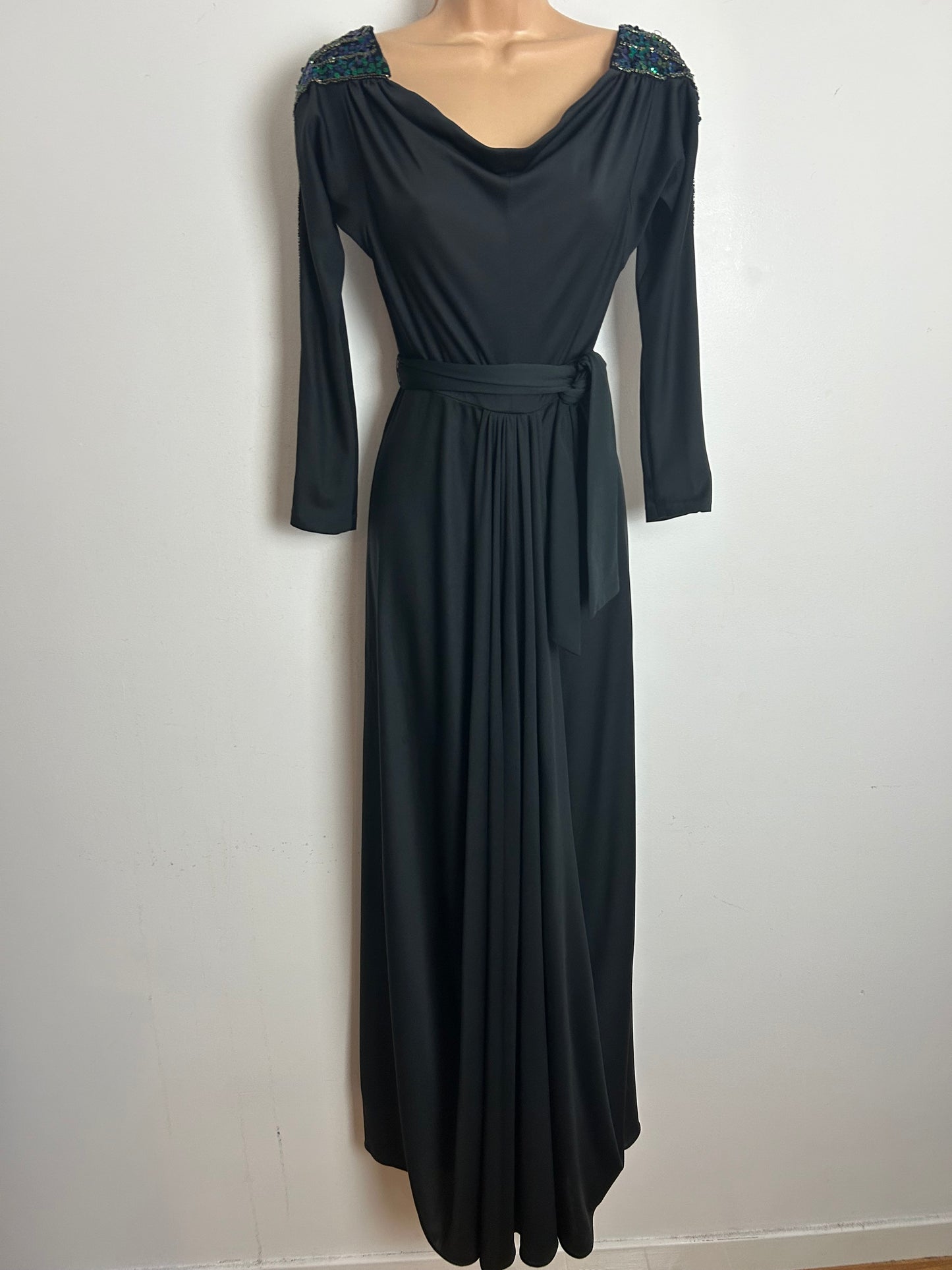 Vintage 1970s FRANK USHER Size 10 Black Bead & Sequin Detail Long Sleeve Belted Evening Maxi Dress
