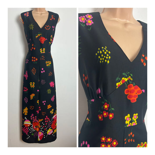 Vintage 1970s Size 16 Black Red Pink & Yellow Floral & Circle Print Sleeveless Maxi Dress