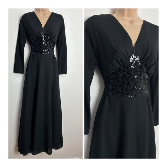 Vintage 1970s UK Size 14 Black Sequin Detail Long Sleeve Tie Back Evening Occasion Maxi Dress