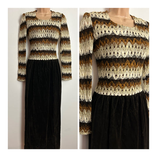 Vintage 1970s HEKO LE SIGNE DE PARIS UK Size 6-8 Brown Cream & Beige Woven Wool & Velvet Long Sleeve Maxi Dress