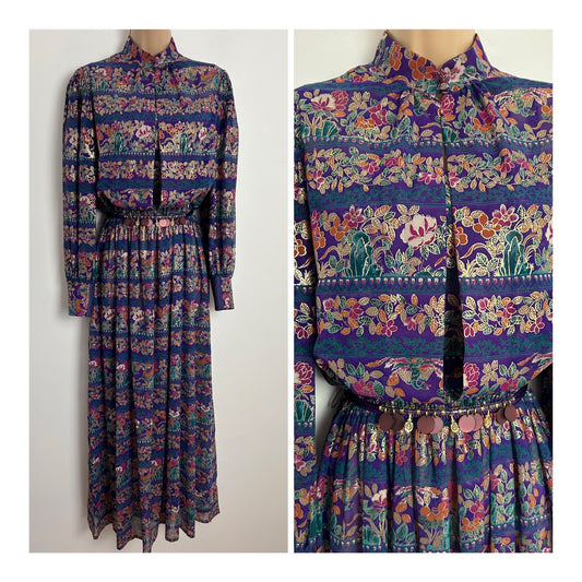 Vintage 1970s UK Size 12 Purple Teal Brown Pink & Gold Floral Print Long Sleeve Belted Boho Maxi Dress