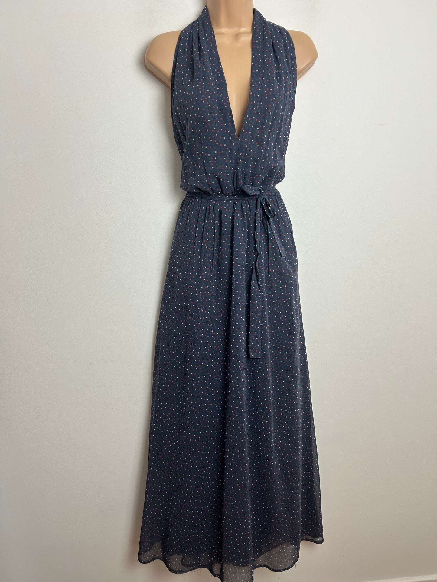 Vintage 1970s NUMBER FIVE Size 10 Dark Grey Red Polka Dot Halter Belted Summer Maxi Dress (Copy)