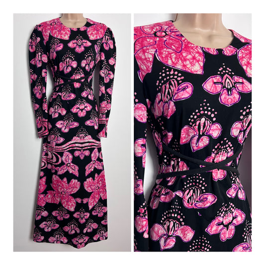Vintage 1970s CAROLINE YOUTH STYLE UK Size 10-12 Black & Pink Abstract Floral Print Long Sleeve Cross Over Tie Detail Maxi Dress
