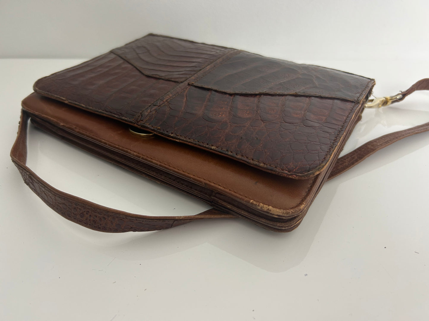 Vintage Late 1960s Early 1970s Brown Mock Croc Leather Handbag Or Shoulder Strap