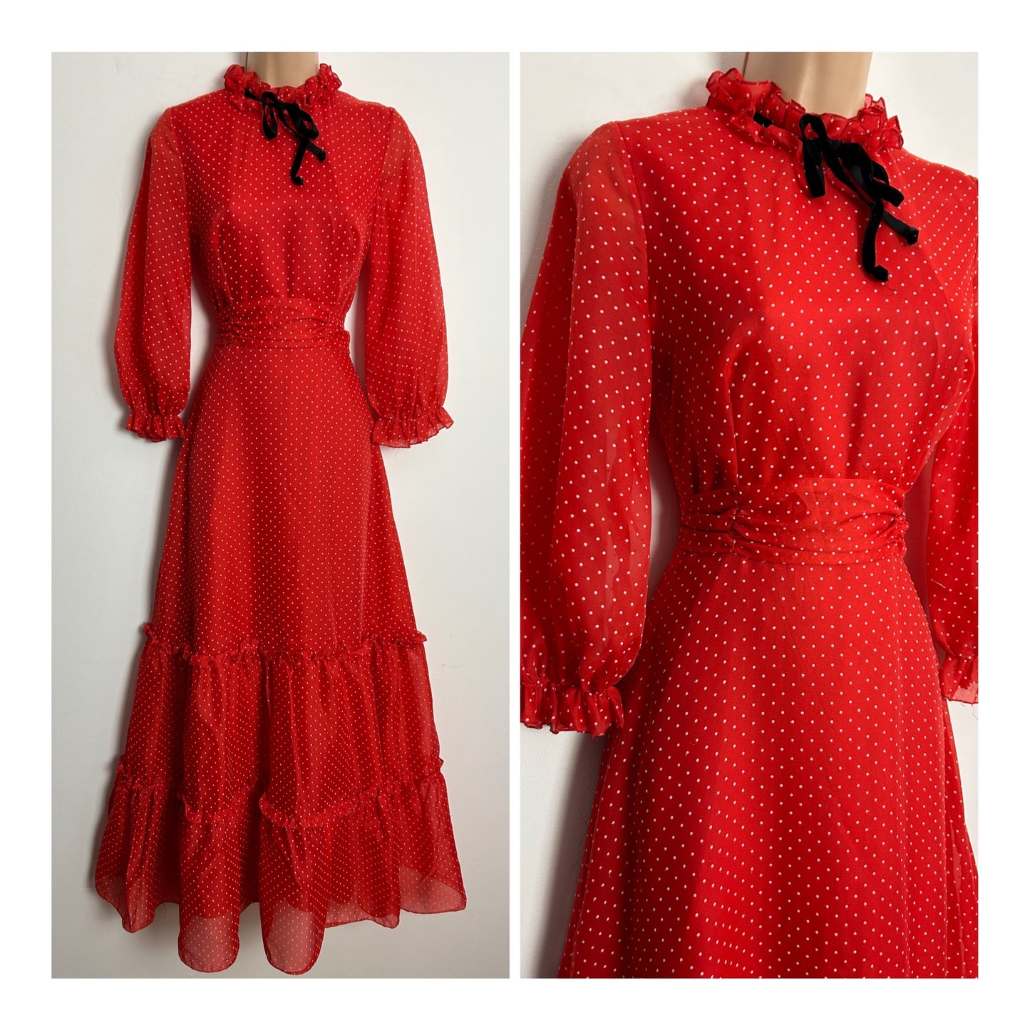 Vintage 1970s UK Size 6 Red & White Polka Dot Print Long Sleeve Prairie Boho Maxi Dress