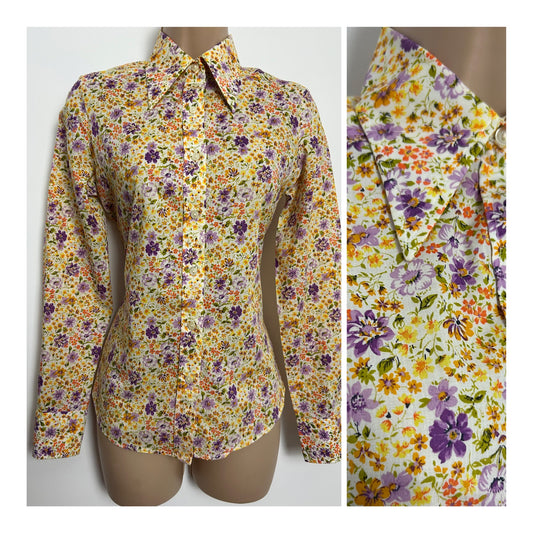 Vintage 1970s Size 10 Cream Orange Lilac & Purple Floral Dagger Collar Cotton Shirt