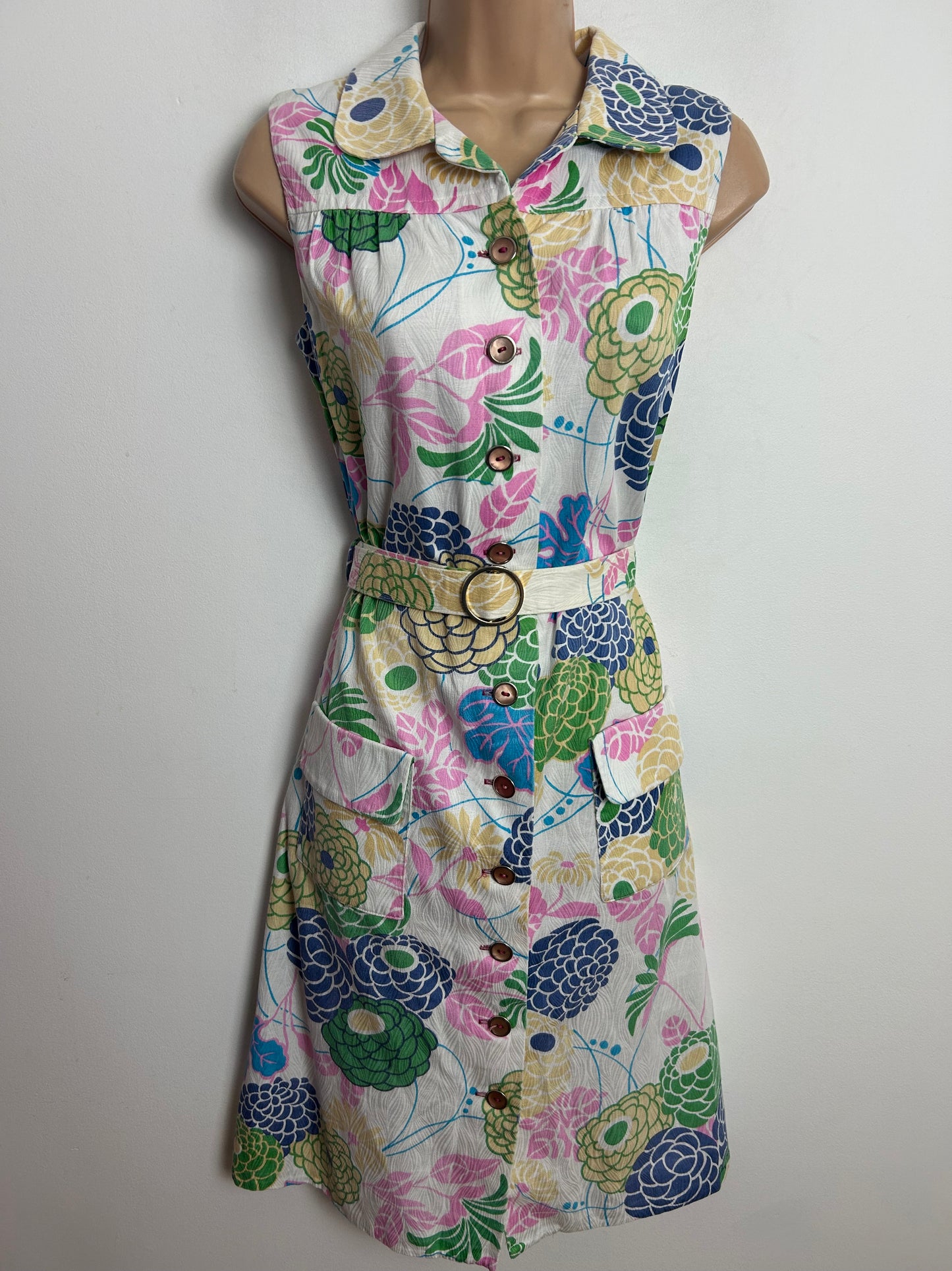 Vintage Early 1970s ST MICHAEL Size 12 White Pink Blue & Beige Floral Print Cotton Belted Mod Day Dress