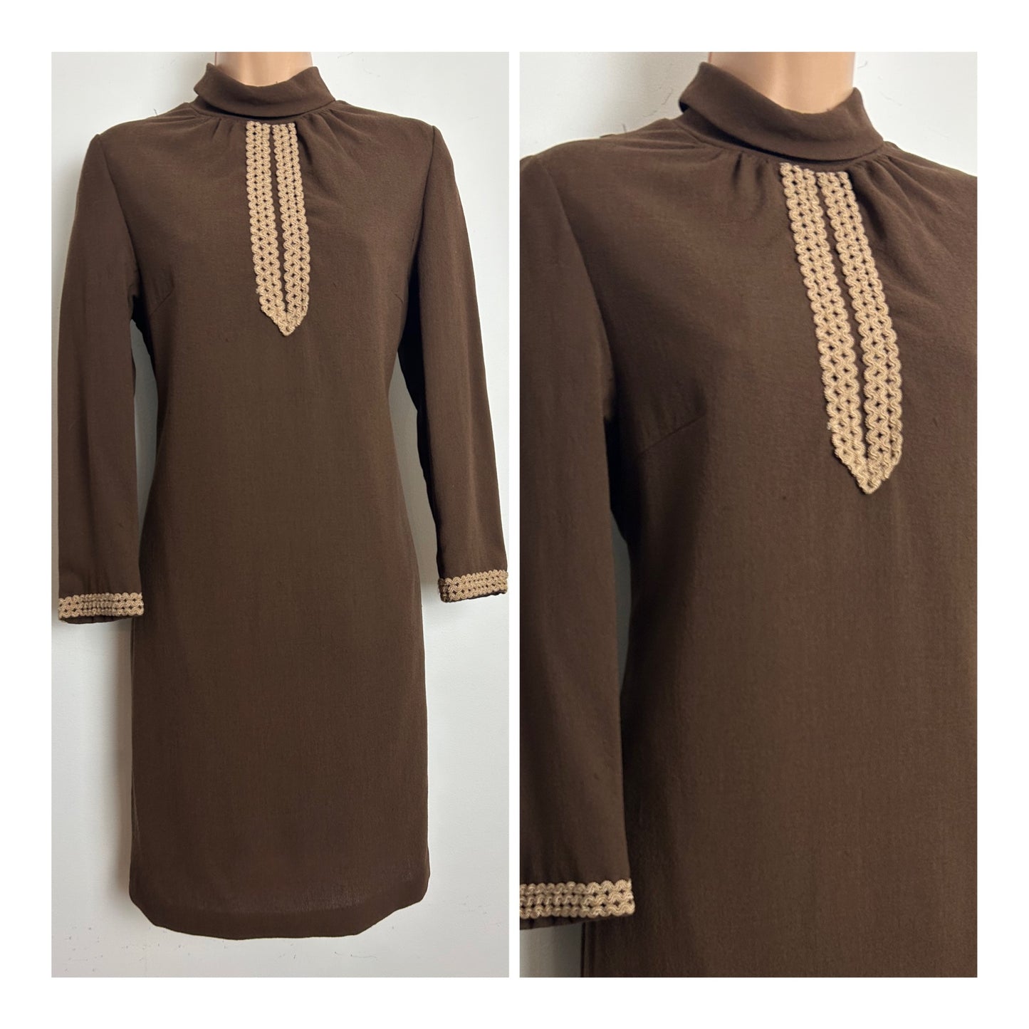 Vintage 1960s HAUTE COUTURE MODELL Size 10 Brown Wool Mix Braid Trim Mod Shift Dress