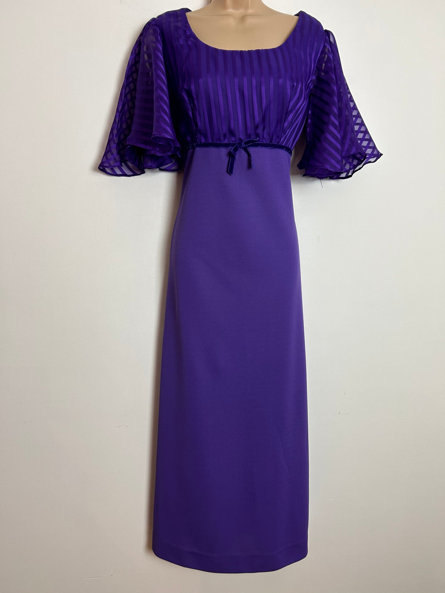 Vintage 1970s UK Size 12 Purple Stripe Chiffon Bodice Evening Occasion Maxi Dress