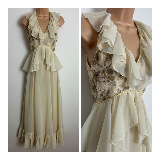 Vintage 1970s Size 4-6 Cream & Brown Lace Bodice Ruffle Trim Peplum Boho Maxi Dress