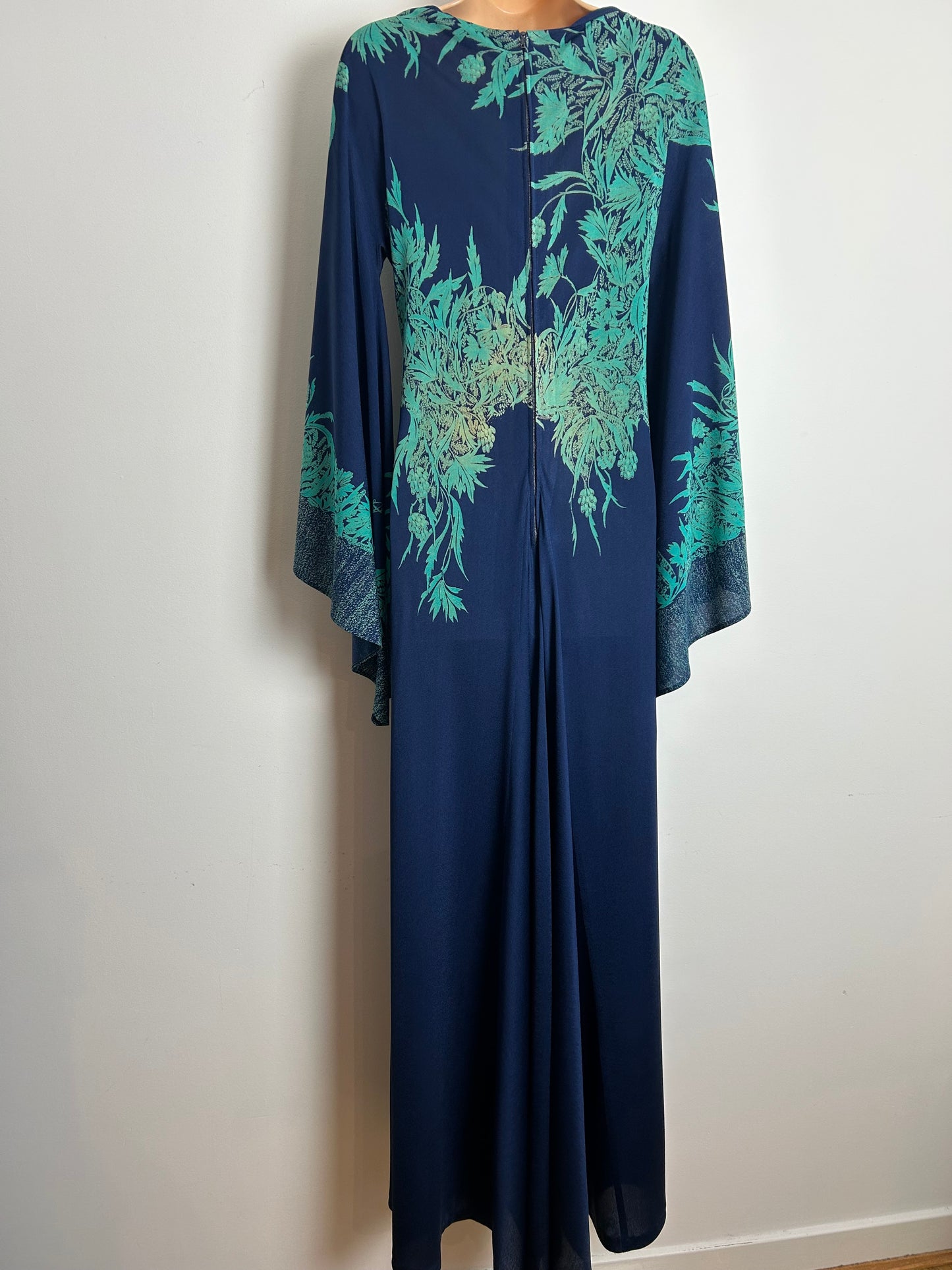 Vintage 1970s RARE PRINCESS RAYOUTI Made In Italy Size 12 Navy Blue & Green Tones Very Wide Sleeve Boho Maxi Dress