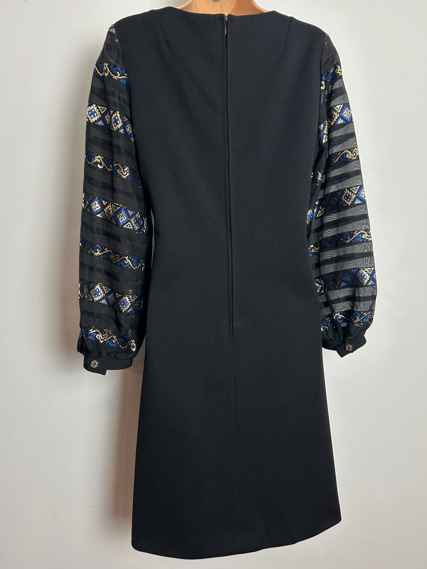 Vintage 1960s Size 10 Black Blue & Gold Pattern Long Sleeve Xmas Party Evening Mod Shift Dress