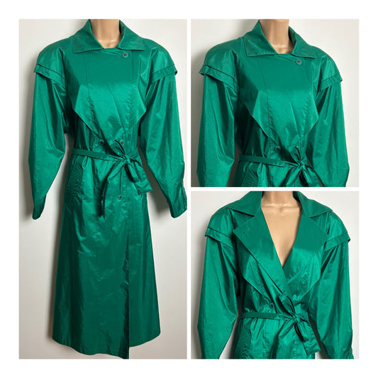 Vintage 1980s BRITISH MIST Size 12-14 Emerald Green Belted Trench Coat
