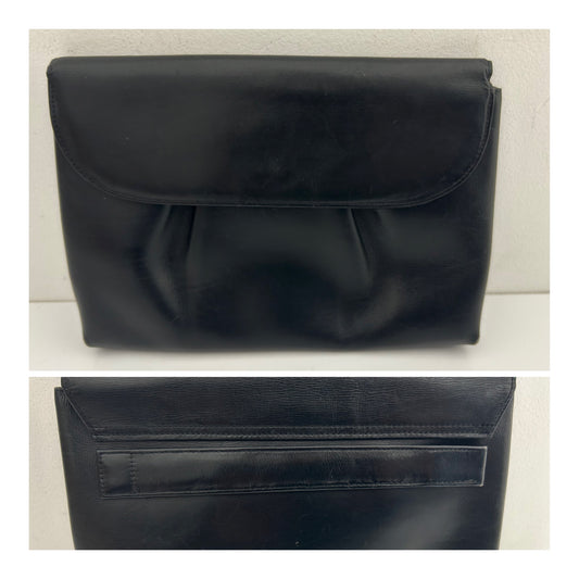 Vintage Late 1950s Black Leather Clutch Bag With Finger/Hand Strap