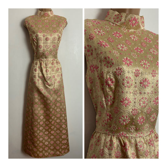 Vintage 1960s UK Size 10-12 Gorgeous Gold & Pink Brocade Sleeveless Occasion Party Maxi Dress