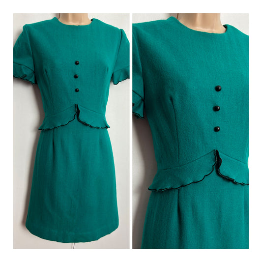 Vintage 1960s UK Size 8 Teal Green Pure Wool Peplum Fitted Mod Dress