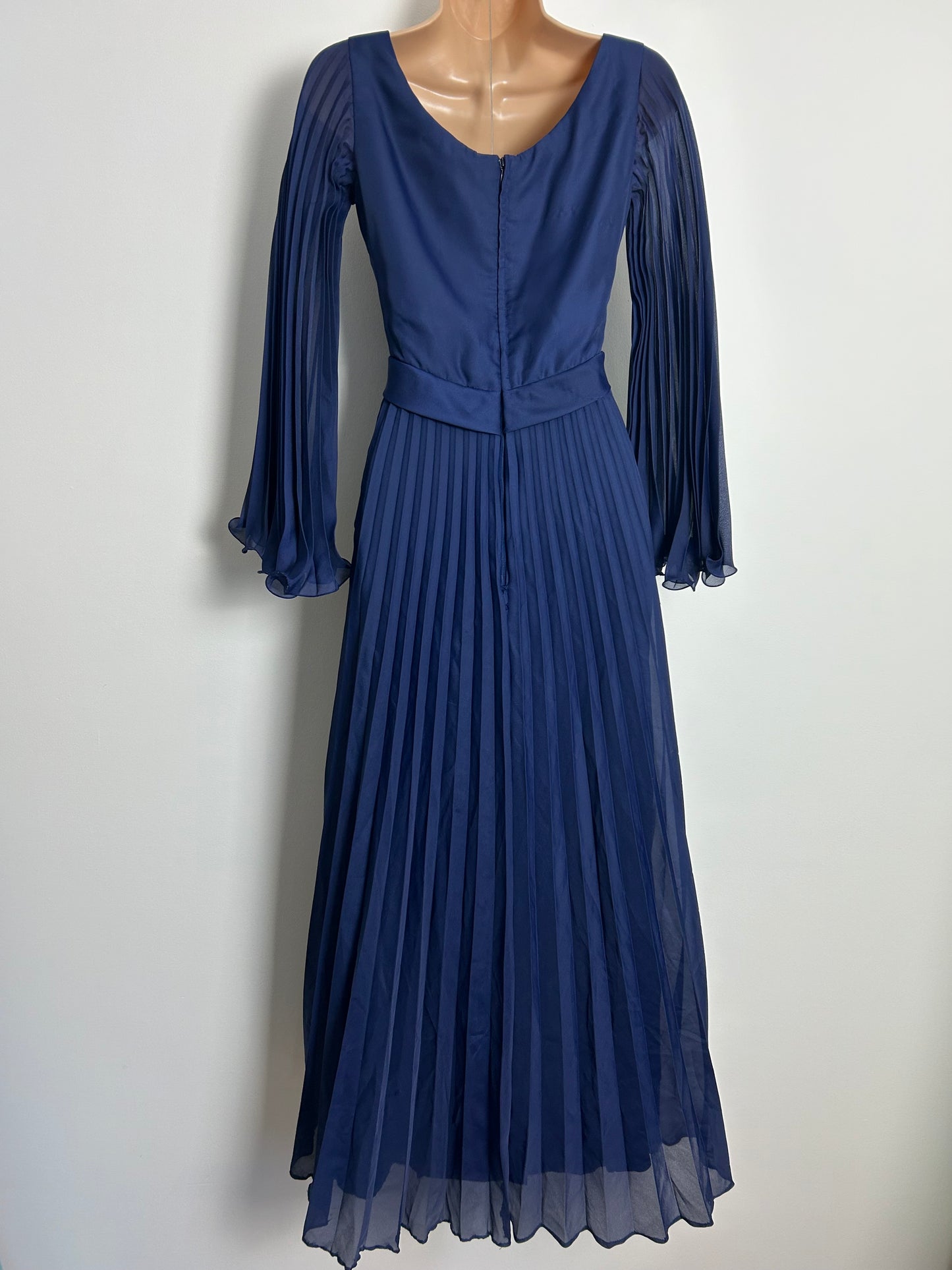 Vintage 1970s UK Size 6 Navy Blue Pleated Long Sleeve Empire Line Occasion Maxi Dress