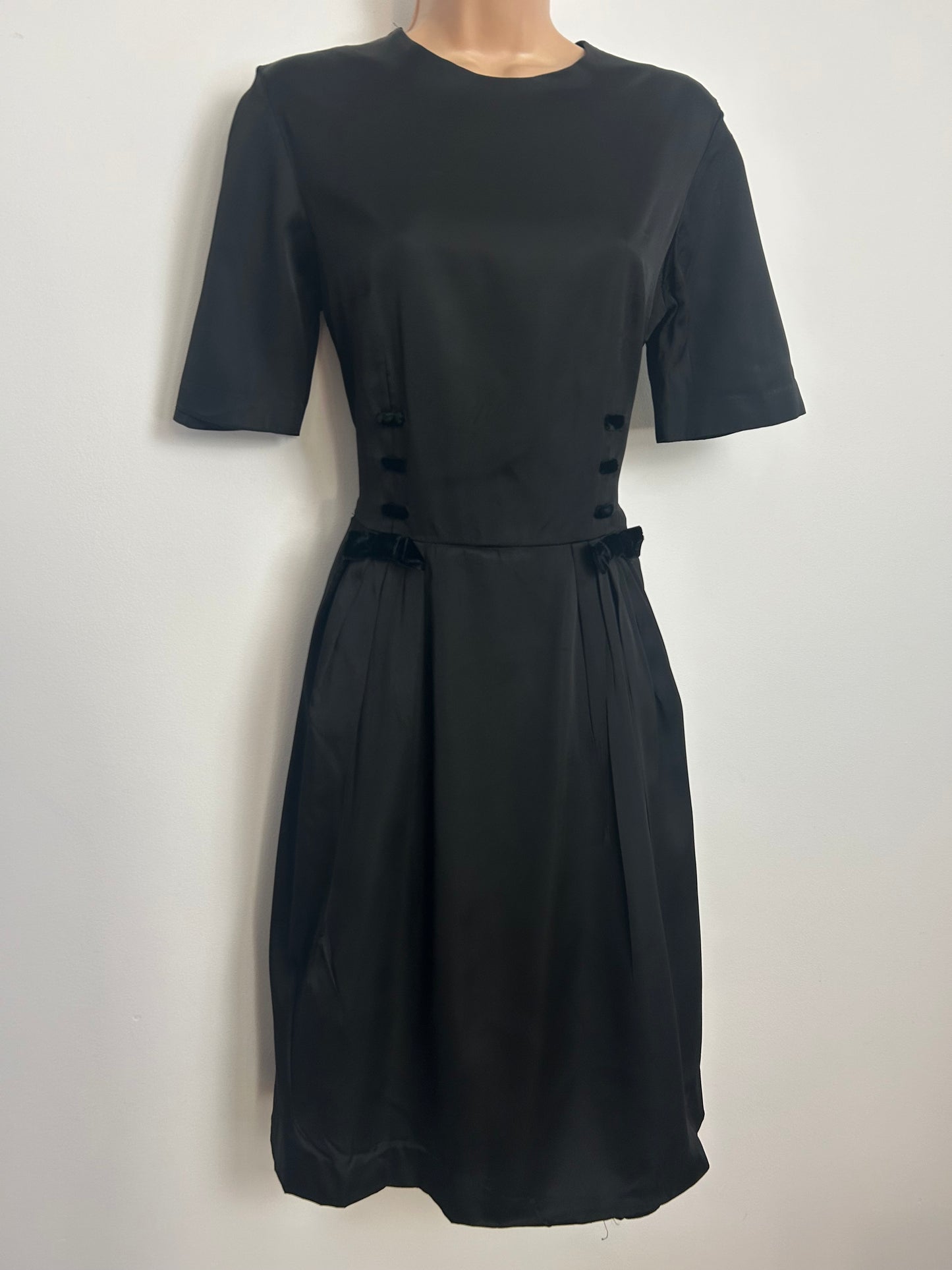 Vintage Early 1960s Size 10 Black Satin Velvet Trim & Bow Detail Pleated Mod Dress