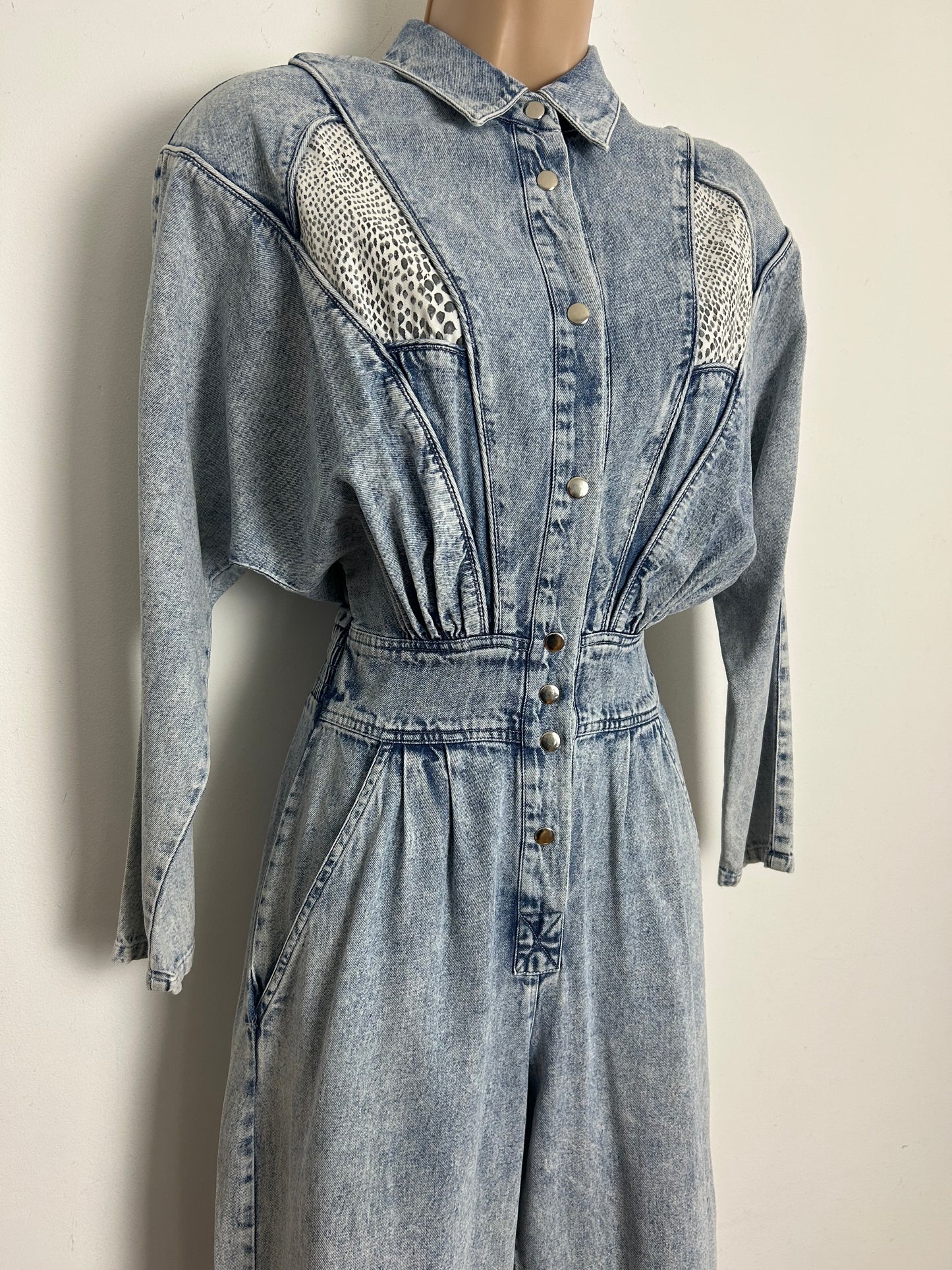 Vintage 1980s AVON FASHIONS Size 8-10 Acid Wash Denim & Snake Print Panels Tapered Leg Jumpsuit