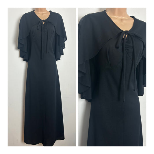 Vintage 1970s Size 12 Black Capelet Cape Sleeve Tie Neck Boho Maxi Dress