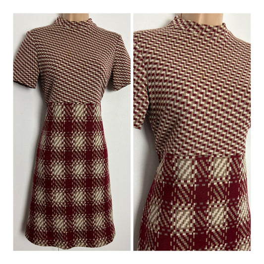 Vintage 1960S SAINT JOSEPH FOR CRESTA UK Size 8 Dark Red Beige Cream & Brown Check Print Short Sleeve Pure New Wool Mix Mod Shift Dress