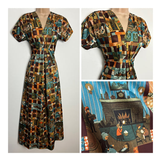 Vintage 1970s Size 8 AMAZING Brown Orange & Brown Tones Edwardian Life Novelty Print Maxi Dress
