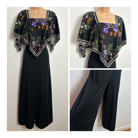 Vintage 1970s Size 6 Black Hanky Sleeve Floral Overlay Wide Leg Jumpsuit