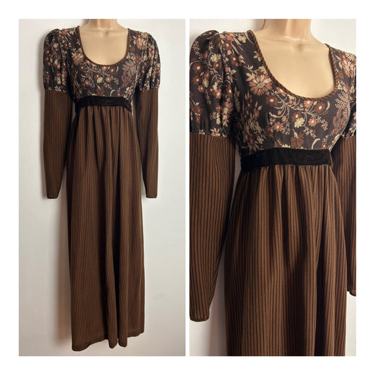 Vintage 1970s DOROTHY PERKINS UK Size 8-10 Brown & Beige Floral Print Long Juliet Sleeve Boho Prairie Maxi Dress