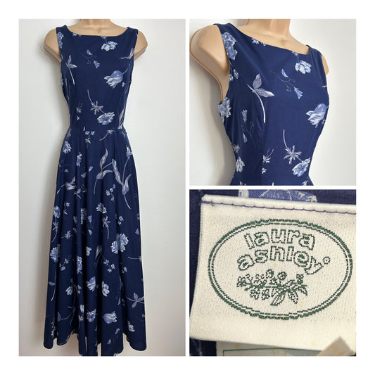 Vintage Late 1980s LAURA ASHLEY Size 8 Dark Blue Floral Print Cotton Maxi Dress
