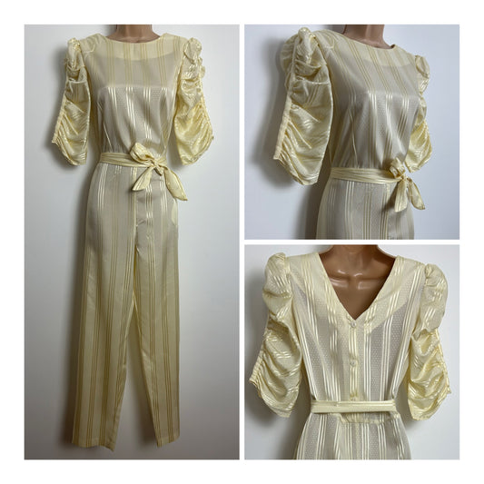 Vintage 1980s Size 8-10 Cream Stripe & Spot Pattern Belted Ruched Sleeve Jumpsuit