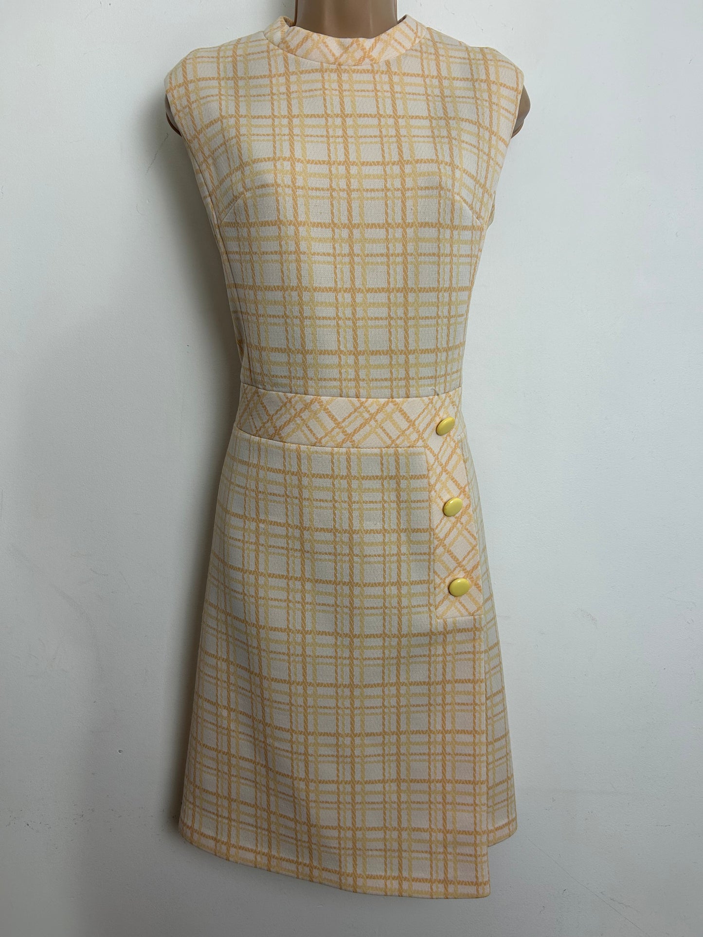Vintage 1960s Size 12 Cream & Pale Mustard Tones Check Print Mod Dress