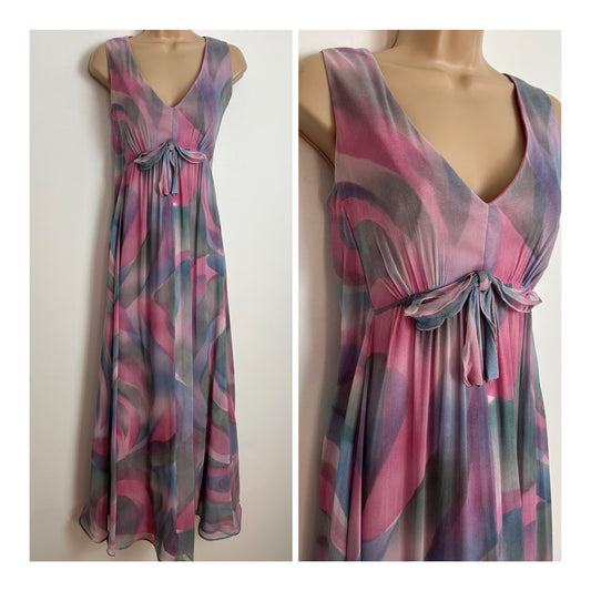 Vintage Late 1960s JOHN CHARLES LONDON Size 8-10 Pink & Grey Abstract Print Silk Crepe Trapeze Dress