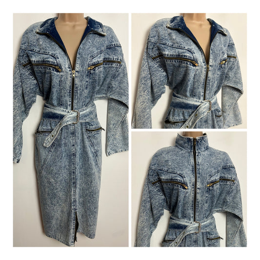 Vintage 1980s RARE ST DENIS UK Size 12 Acid Wash Blouson Style Zip Pocket Belted Deni Dress