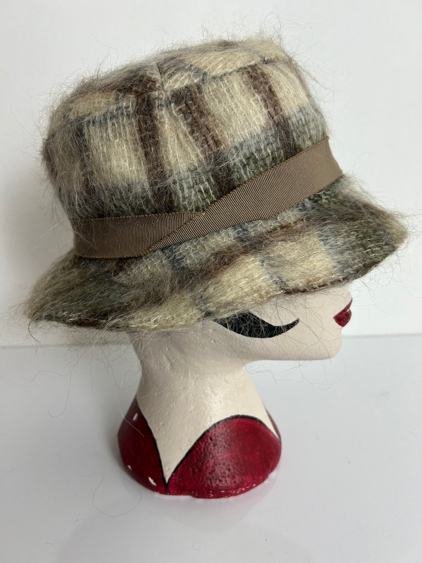 Vintage Brown & Beige Check Wool & Angora Mix Trilby Style Hat