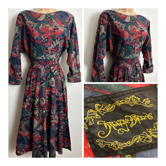 Vintage 1980s DROOPY & BROWNS Angela Holmes Size 6 Dark Green Red & Grey Abstract Print Midi Dress