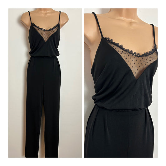 Vintage Late 1970s JOHN MARKS BY ANNE TYRELL Size 8-10 Black Mesh Panel Straight Leg Jumpsuit