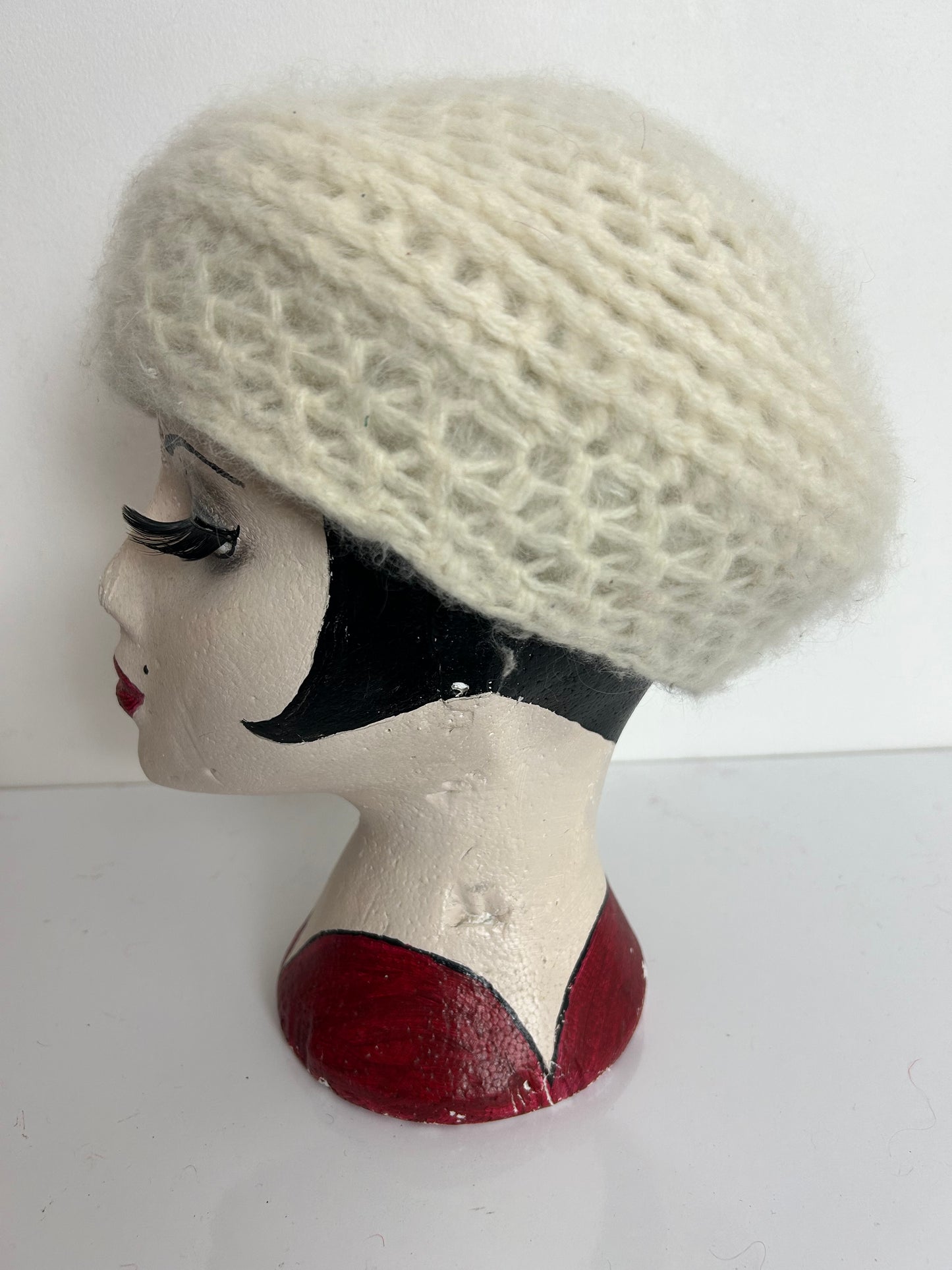 Vintage Winter White Angora & Wool Mix Reversible Beret/Beanie Style Hat