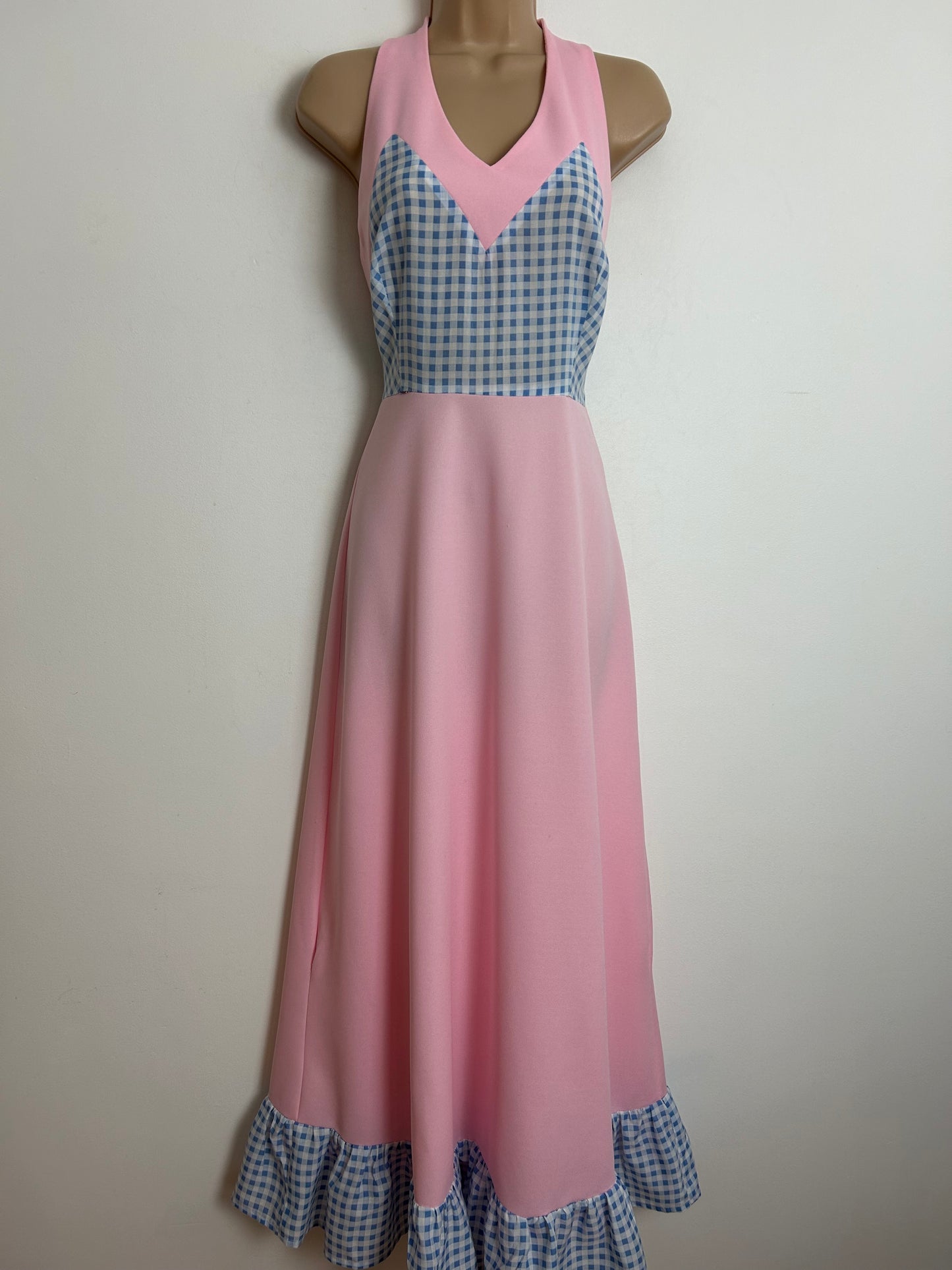 Vintage 1970s Size 8 Pink Blue & White Gingham Check Halter Neck Summer Maxi Dress