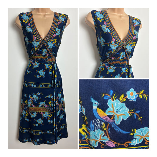 Vintage 1970s ROSCH Size 12-14 Blue Tones Floral & Bird Print Sleeveless Tie Back Midi Day Dress