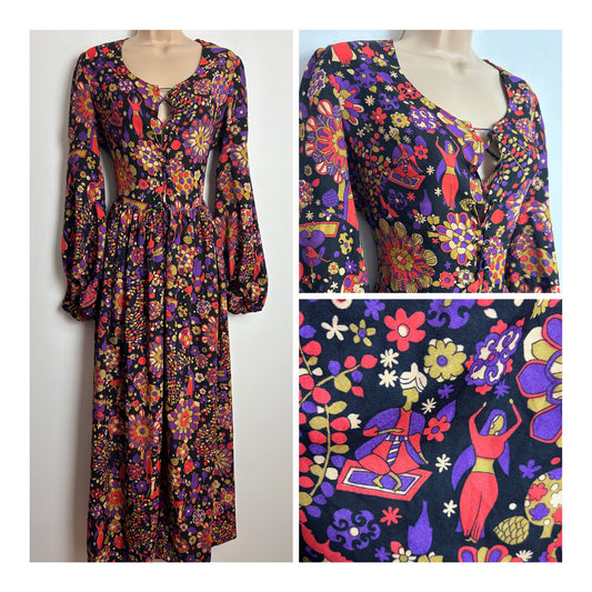 Vintage 1970s HEKO Size 10 Black Red Purple & Beige Floral Figurines Novelty Print Long Sleeve Lace Up Front Maxi Dress