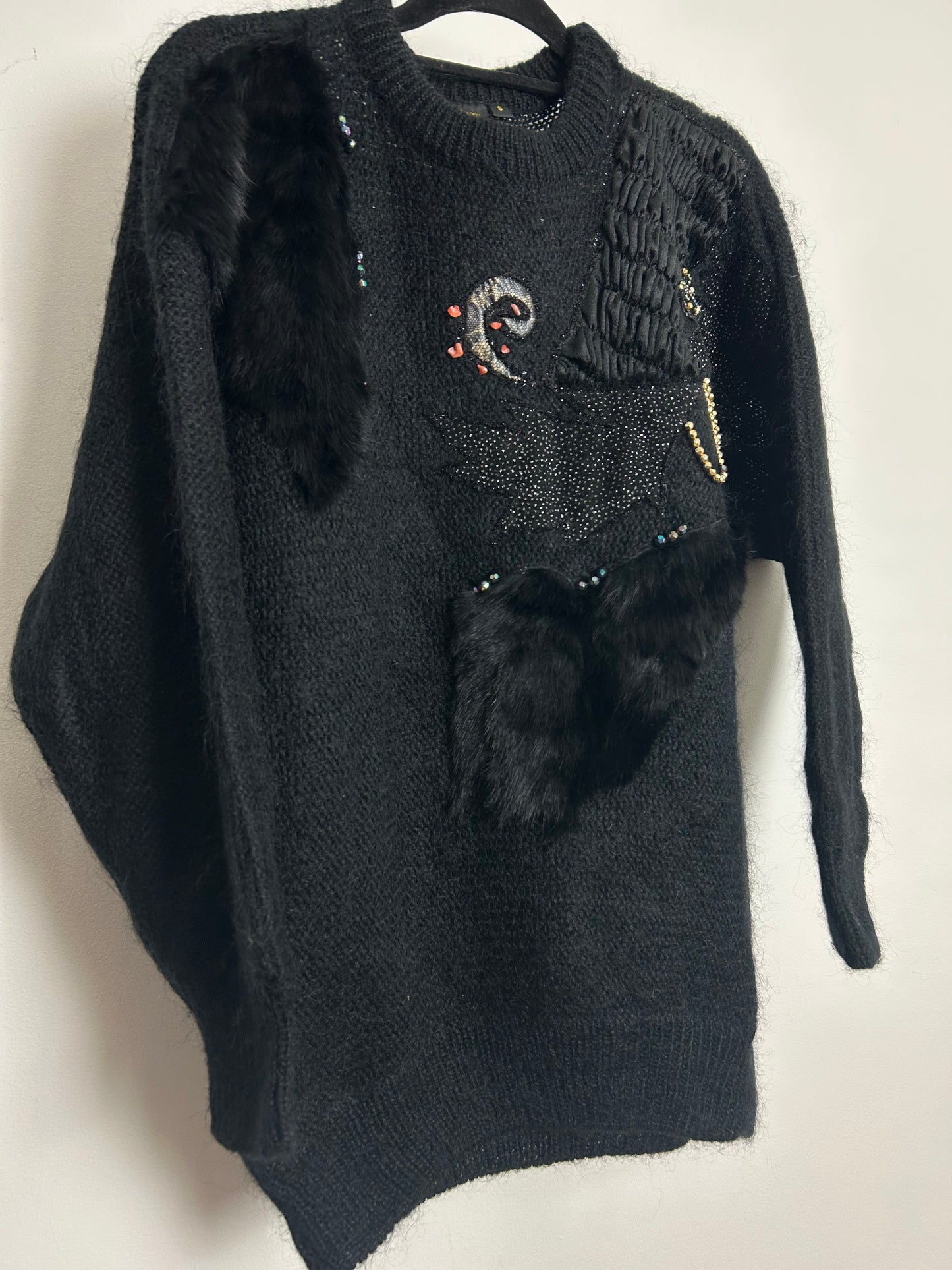 Vintage 1980s Up To Size 14 Black Fur Chain & Bead Applique Detail Slouchy Mohair Mix Jumper