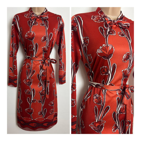 Vintage 1970s Size 12-14 Dark Rusty Orange Tones Floral Print Tie Neck Belted Dress