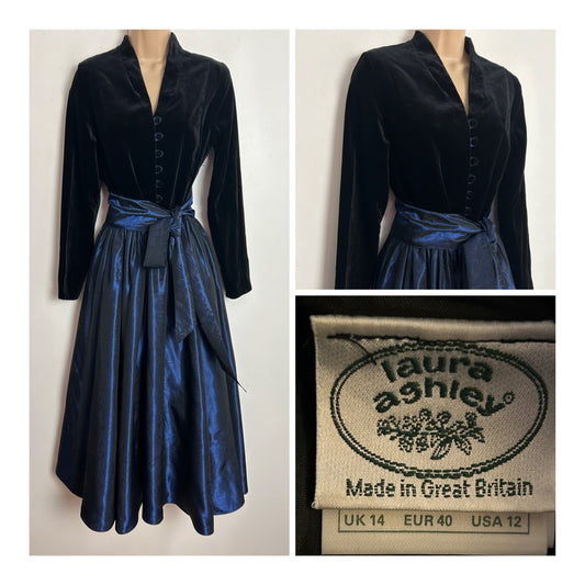 Vintage 1980s LAURA ASHLEY UK Size 10 (UK Size 14 On Label) Black Velvet & Midnight Blue Floral Acetate Party Dress