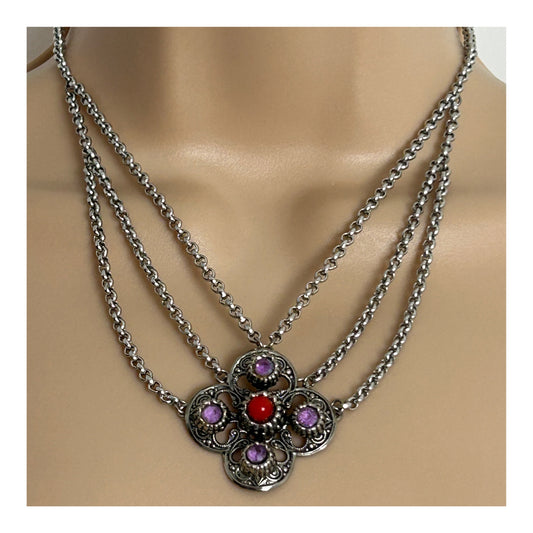 Vintage Silver Tone Base Metal Lilac & Red Stone Set Triple Chain Scottish Celtic Style Necklace