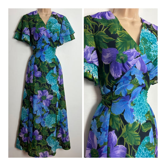 Vintage 1970s MKA1 UK Size 6 Black Green Blue & Purple Floral Print Tie Back Short Sleeve Georgette Maxi Dress