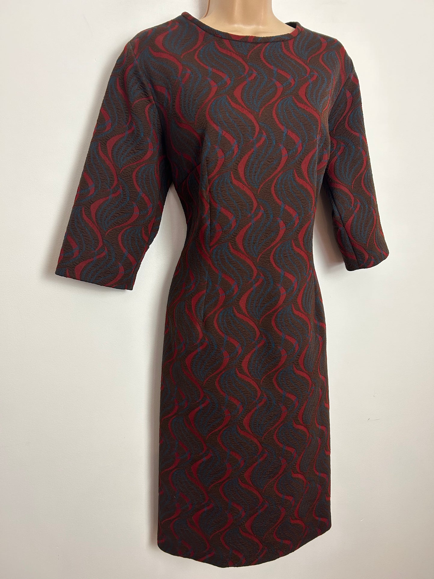 Vintage 1960s UK Size 14 Brown Red & Blue Wavy Print Crimplene Mod Dress