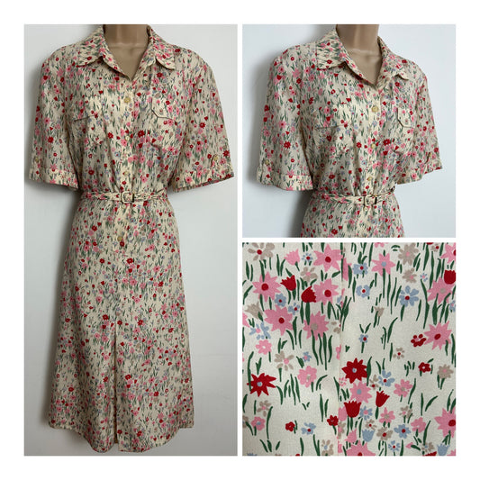 Vintage 1970s Del Mod Size 16 Cream Red & Pink Pretty Floral Print Short Sleeve Belted Day Dress